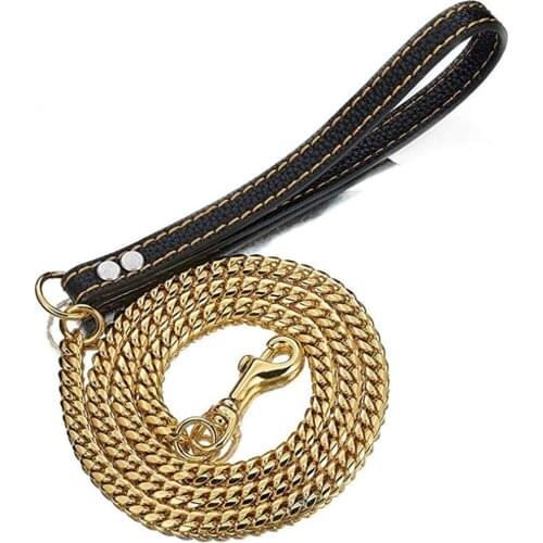 Fashion Pet Dog Strong Leash 2FT 3FT 4FT Gold 12mm Miami Curb Cuban Chain Dog Leashes With Comfortable Genuine Leather Handle