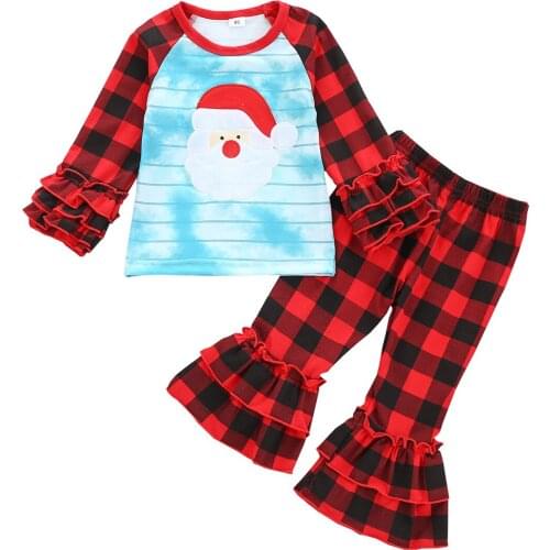 Toddler Girls 2 Pcs Christmas/Thanksgiving Outfits Cute Printed Plaid Ruffle Sleeve Shirt Top + Flared Long Pant Clothes Sets