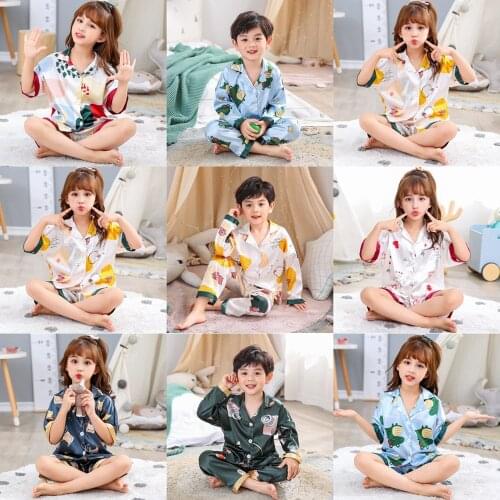 2021 Spring Summer Fall Autumn Boys Girls Button Down Pajamas Childeren Clothing Sets Kids Ice Silk Homewear