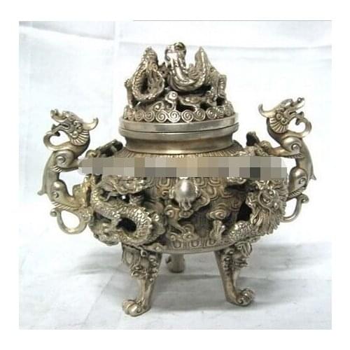 ---328+++preeminent Tibet silver nine dragon censer