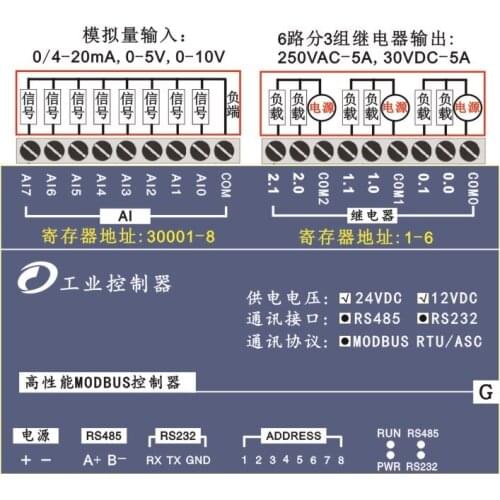 8 Way Analog Data Acquisition, Input 6 Relay Output 220VAC Modbus RTU Module Serial Port 485