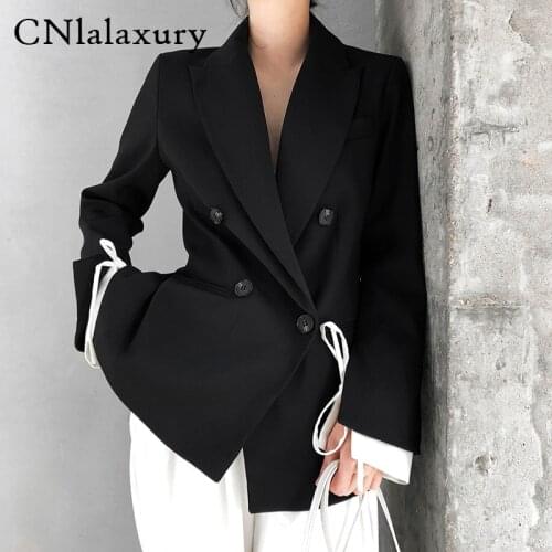 Women Black Cuff Bandage Temperament Blazer femme And Jacket New Long Sleeve Loose Fit Suit Coat Female Fashion Tide Autumn