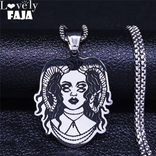 2021 Bullhorn Witch Stainless Steel Chain Necklaces Women/Men Black Silver Color Statement Necklace Jewelry cadena NXS02