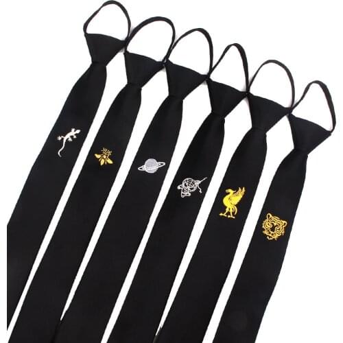 Black Embroidery Neck Ties For Men Women Casual Simple Necktie For Boys Girls Suits Student Tie Slim Zipper Ties Gravatas