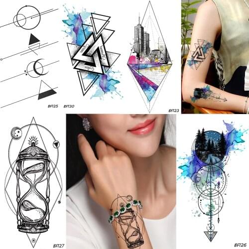 Geometry Rhombus Trangle Temporary Male Tattoo Galaxy Forest Body Art Painting Arm Sleeve Tatoos Watercolor Fake Tattoo Stickers