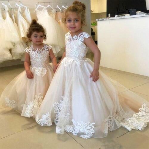 Champagne Lace Crystal Flower Girls Dresses Jewel Neck Little Girl Wedding Communion Pageant Ball Gown