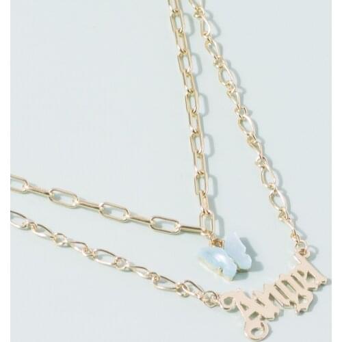 Fashion Acrylic Butterfly Pendants Necklace Double Layer Old English Font Acetic Acid Angel Necklaces Choker Statement Jewelry