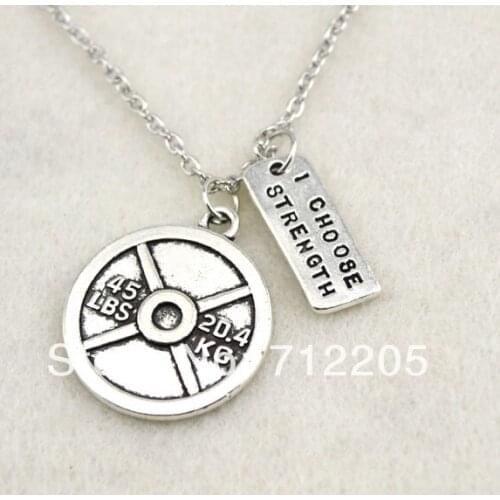 Fashion antique silver plated Vintage Circle 45LBS 20.4KG Weight Plate and I Choose Strength sports necklace