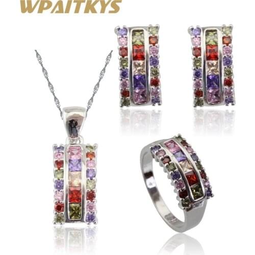 Multicolor Stones Silver Color Jewelry Sets For Women Christmas Necklace Pendant Earrings Rings Free Box Made in China