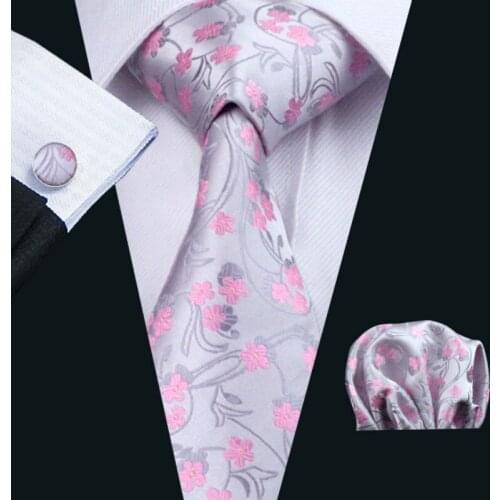 Men`s Tie Gray&Pink Floral Jacquard Woven 100% Silk Brand Tie Hanky Cufflink Set For Wedding Business Party Free Postage LS-1049