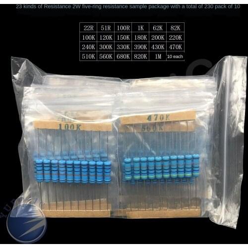 23Value*10pcs=230pcs 2W metal film resistor kit 22R-1M Ohm 1% carbon 51R 100R 1K 62K 82K 100K 120K 150K 180K 200K 220K..Assorted