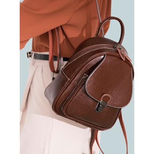 New Style Women Casual Backpack Genuine Leather School Backpack For Teenager Girls Travel Vintage Solid Shoulder Bags With Strap