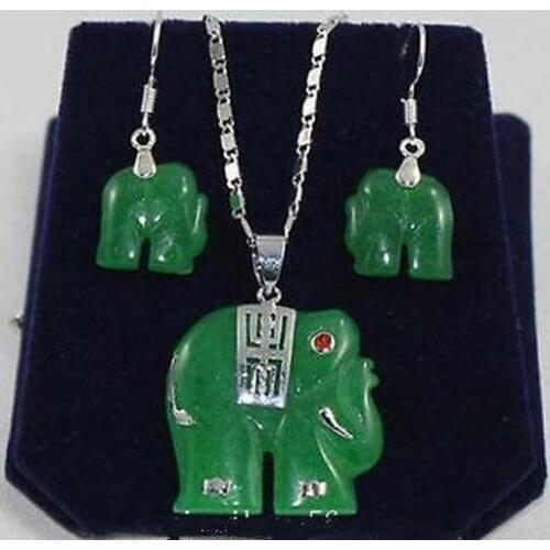 Charming! Natural 14K Green Jade Elephant Pendant Necklace Earring Set 02