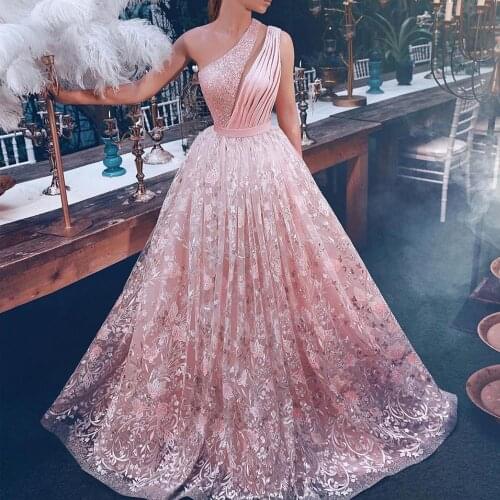 SuperKimJo Robes Pink Prom Dresses 2020 Lace Applique Beaded Sparkly One Shoulder Prom Gown 2021 Vestidos De Noite