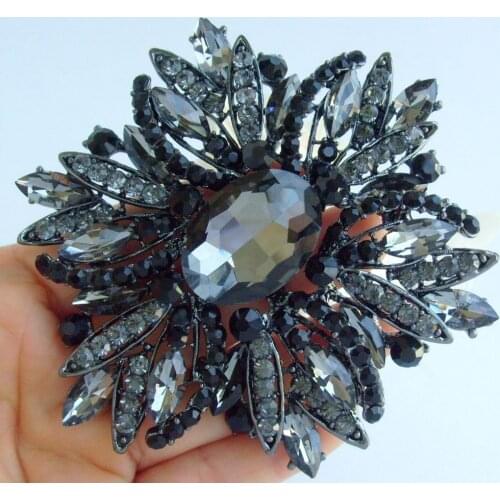 Luxury 3.94" Teardrop Flower Brooch Pin Black Gray Austrian Crystal Pendant EE04053C5