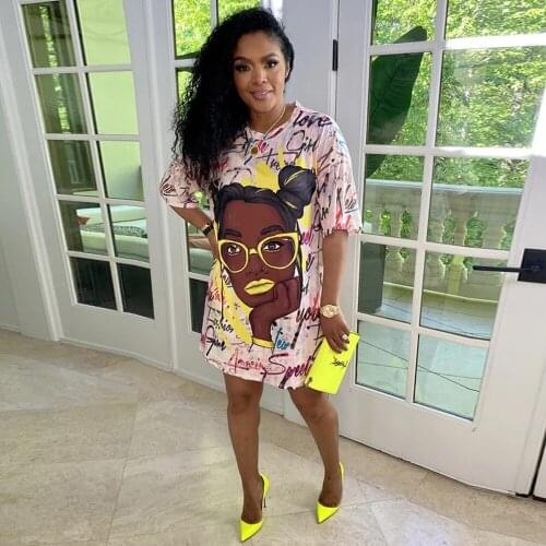 Character Letter Print Harajuku T Shirt Dresses Woman Round Neck Half Sleeve Loose Mini Dress Hip Hop Graffiti Plus Size Dress