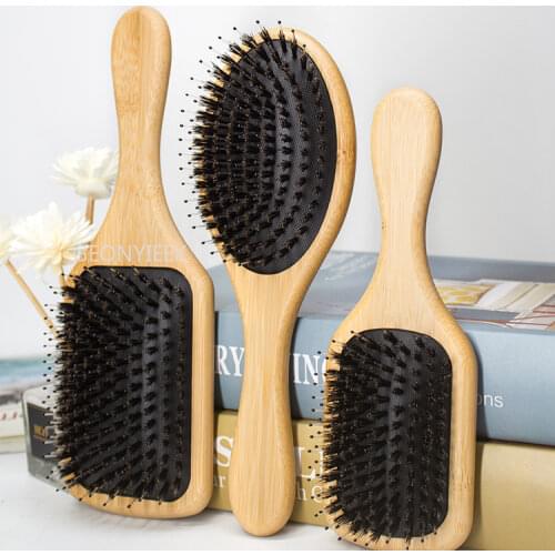 Hair Brush Natural Bamboo Handle Boar Bristles Anti-static Hair Scalp Paddle Hairbrush Gasbag Massage Comb Hair Care