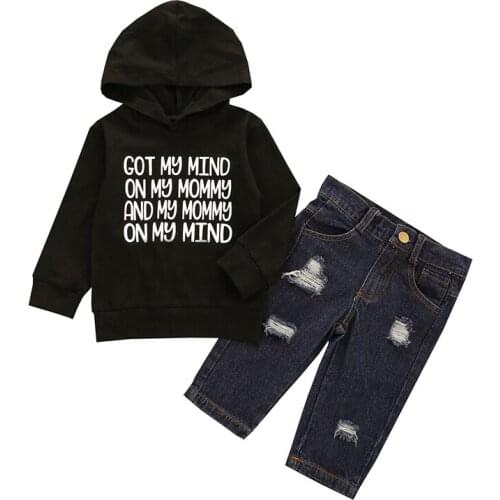 2021 Fashion Toddler Kids Clothes Girls Letter Long Sleeve Sweatshirt Tops Denim Pants Boys Clothes Outfits