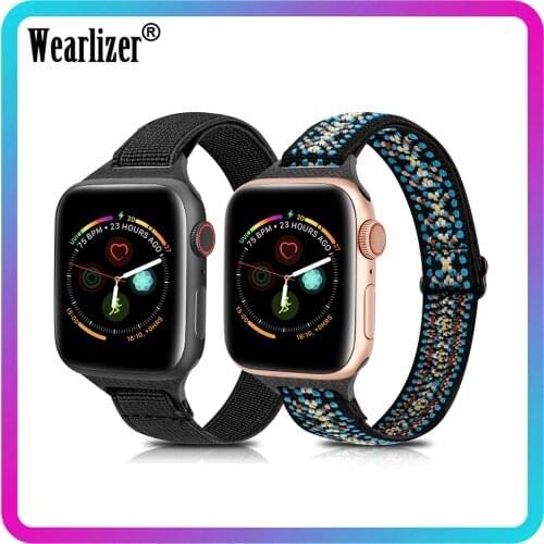 Wearlizer Slim Nylon Strap for Apple Watch Band 2Pcs Elastic Scrunchies Stretchy Adjustable Band for iWatch Series 6 5 4 3 2 1
