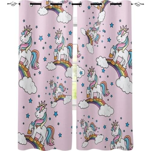 Pink Unicorn Rainbow Cartoon Window Curtains Dark Kitchen Indoor Curtain Panels With Grommets Window Treatment Valances Curtains