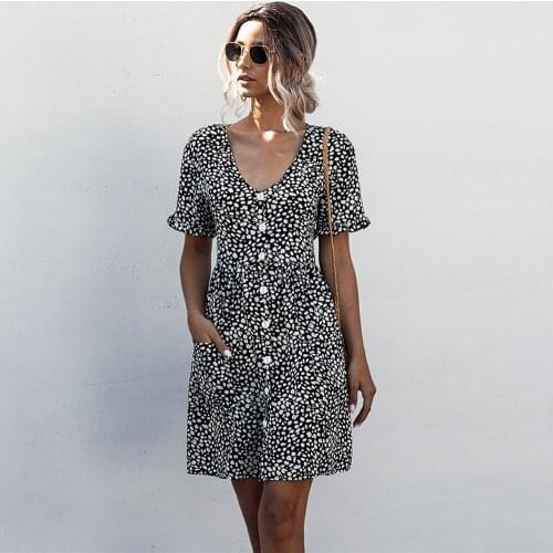 Women Dress Summer Casual V Neck Short Sleeve Polka Dot Printed Shirt Sundress Vintage Loose Buttons With Pockets Female Dresses