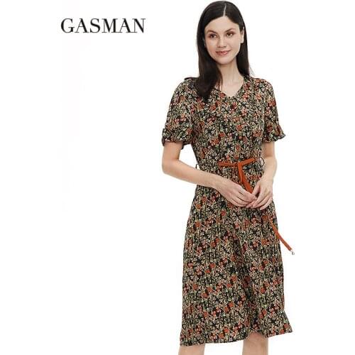 GASMAN summer womens dress 2021 floral V-neck Lace sleeves belt with Beaded Dresses for women plus size fashion Clothing 808