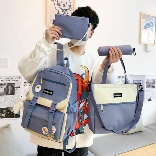 4 Pcs Sets Fashion Women Backpack Canvas School Bags For Teenager Girls Kawaii Bookbag Large Capacity Waterproof Travel Backbags