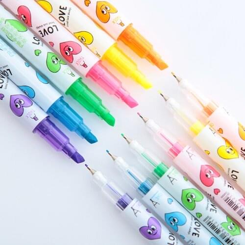 6pcs Kawaii Love Double-Headed Writing Color Brush Highlighter Pen Fine Emphasizing Marker Drawing Office School Supplies H6688