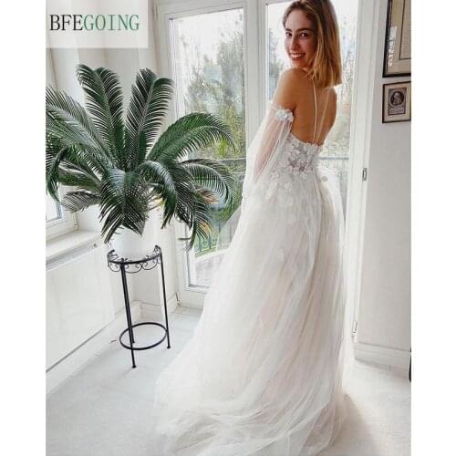 White Tulle Spaghetti Straps Sweetheart Floor-Length A-Line Wedding Dresses Sweep/Brush Train Bridal Gowns Custom Made