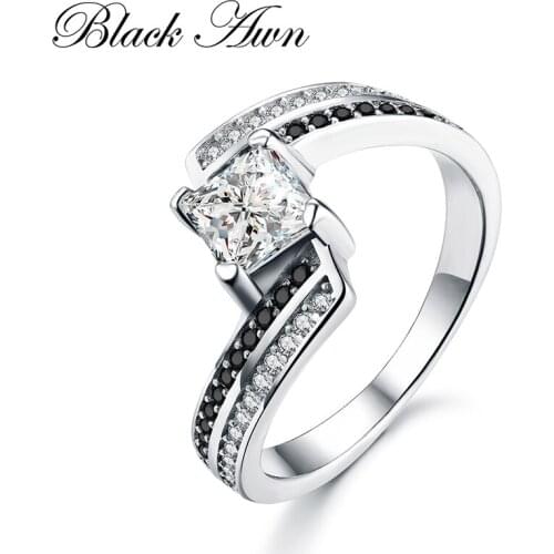 [BLACK AWN] Trendy 3.1g 925 Sterling Silver Fine Jewelry Bague Row Black Spinel Wedding Ring for Women C045