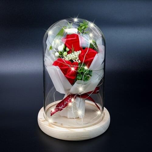 Mother Valentines Day Rose Soap Bouquet Immortal Flower Glass Cover with Led Light Gift Box for Home Office Decorations