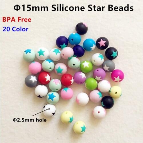 Chenkai 50pcs 15mm BPA Free Silicone Round Star Teether Beads DIY Baby Shower Pacifier Dummy Necklace Jewelry Toy Accessories
