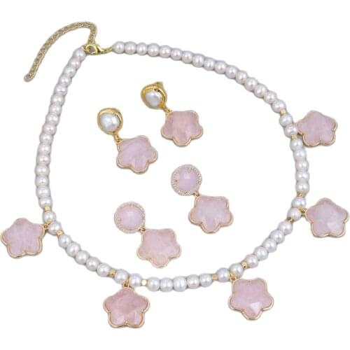 GG Jewelry Natural Cultured Pearl Rose Quartzs Flower Gold Color Plated Chocker Necklace Earrings Sets Cute For Women