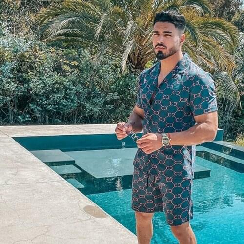 New Mens Hawaiian Style Suit Print 2021 Summer Short Sleeve Button Shirt Beach Shorts Street Casual Loose Beach 2 Piece