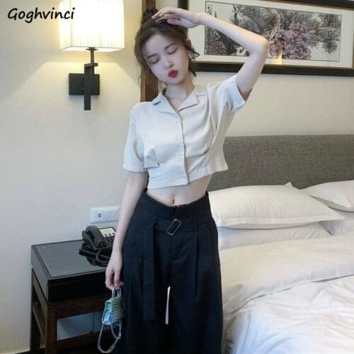 Women Shirts Summer Solid Crop Top Single Breasted Short Sleeve Elegant Korean Trendy Leisure Loose Female Blouses Tees Ins New