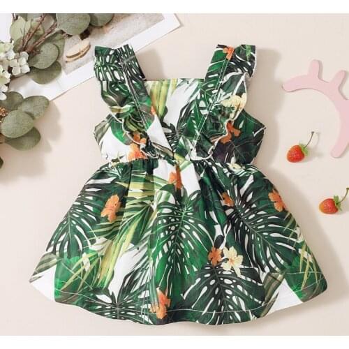 Summer Baby 0-3Years Girl Princess Dress Toddler Knee-Length Green Leaf Print Flare Sleeve Design Sleeveless Dresses