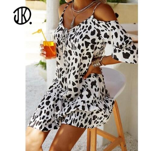 Cow Printed Puff Sleeve Mini Dress Summer Ladies Sling Lace Wide Loose Dresses Large Size 2XL Sleeveless Female Sexy Vestido 2XL