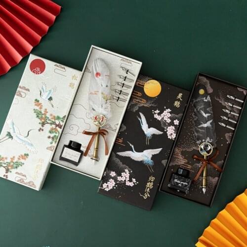 Returning Crane Comes Feather Pen Set Retro Feather Pen Stationary Supplies Fountain Pen Holder Cute School Supplies