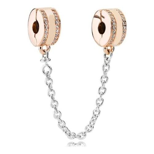 Original 925 Sterling Silver Bead Charm Rose Insignia With Crystal Safety Chain Clip Beads Fit Pan Bracelet Diy Jewelry