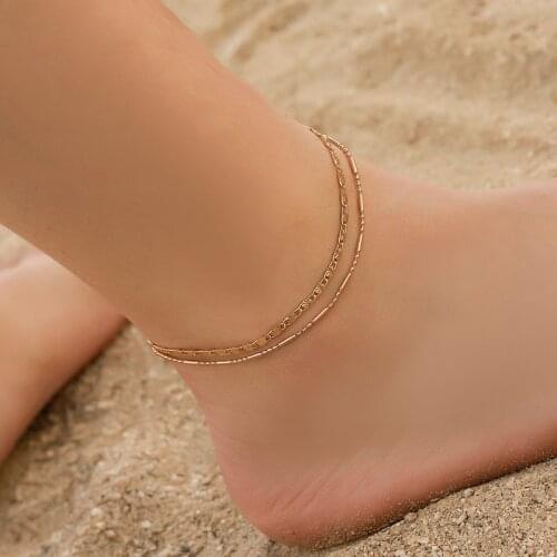 Double Chains Beach Simple Beads Copper Golden Silver Plated Ankle Bracelets Anklets for Women