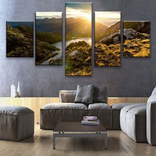 Posters prints 5 Piece the rising sun Mountain river landscape wall art Canvas Painting pictures for Living Room Library Office