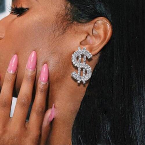 Luxury Money Sign Rhinestone Earrings for Women Shiny Crystal Dollar $ Letter Dangle Earrings Jewelry Accessories