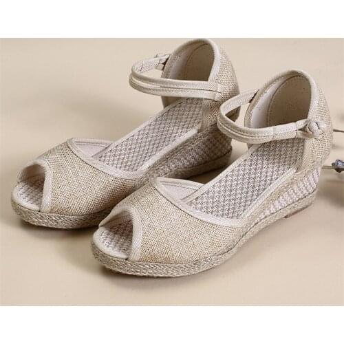 Comemore Handmade Women Plain Linen Peep Toe Sandals Wedge Espadrilles Platform 5cm Heel Comfort Bohemian Ladies Summer Shoes 41