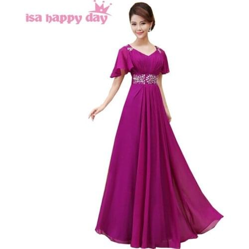Modest purple v neck beaded pleats a-line chiffon bridesmaid floor-length dresses with cap sleeves dress for maid of bride H2004