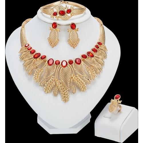 Wedding Bridal Jewelry Set Dubai Gold Color Crystal Women Party Necklace Bangle Earring Ring Fine African Beads Jewelry Set