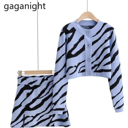 Gaganight Knitted Sweater Two Piece Set Women Long Sleeve Zebra Striped Cardigan Top And Mini Bodycon Skirt Casual Women Outfits