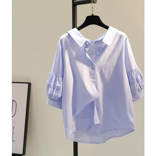 Cotton Solid Women Shirts Summer New 2021 Turn-Down Collar Ruffles Lantern Sleeved Loose Elegant Office Lady Outwear Tops