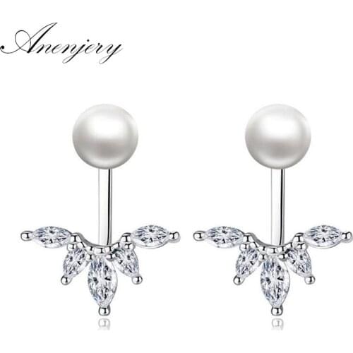 ANENJERY 925 Sterling Silver Zircon Peacock Tail Shaped Leaves Earrings Pearl Stud Earrings For Women S-E263