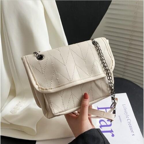 Female Shoulder Bags Fashion Retro Pu Leather Solid Color Thread Bag Chic Simple Chain Shoulder Bags For Women Сумка Женская