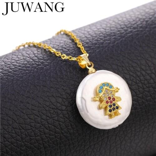 Gold Pendant Boy Girl Family Necklace Copper Rainbow Pave CZ Shell Round Long Chain Necklaces Collar Man Women Fashion Jewelry